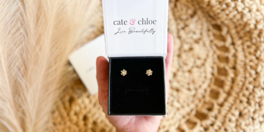 Cate & Chloe 18K Gold Stud Earrings w/ Gift Box Only $18 Shipped