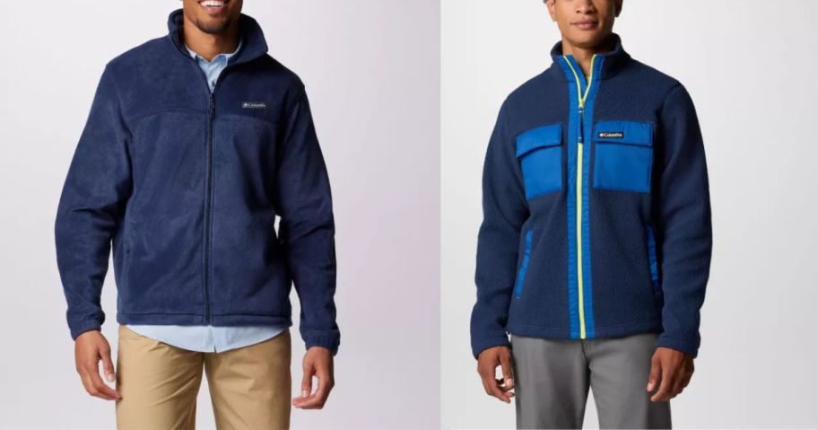 2 men wearing blue columbia fleece