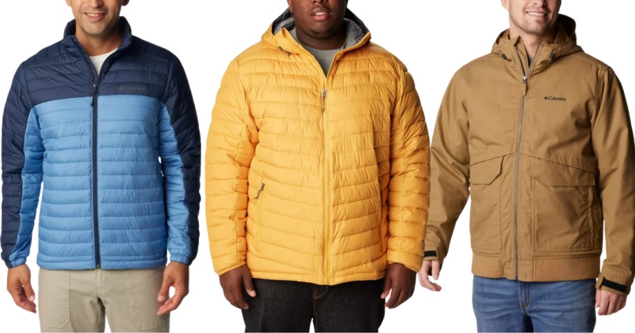 men wearing different colors and styles of Columbia jackets and coats