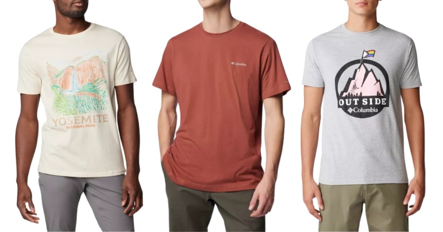 men wearing Columbia t-shirts, one cream with Yosemite, one brick red/orange, and one grey with a mountain graphic