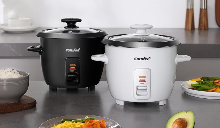 black and white rice cooker side by side