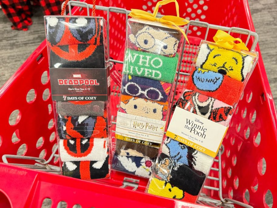 deadpool. harry potter and winnie the pooh 7 days of cozy holiday character socks in a target cart