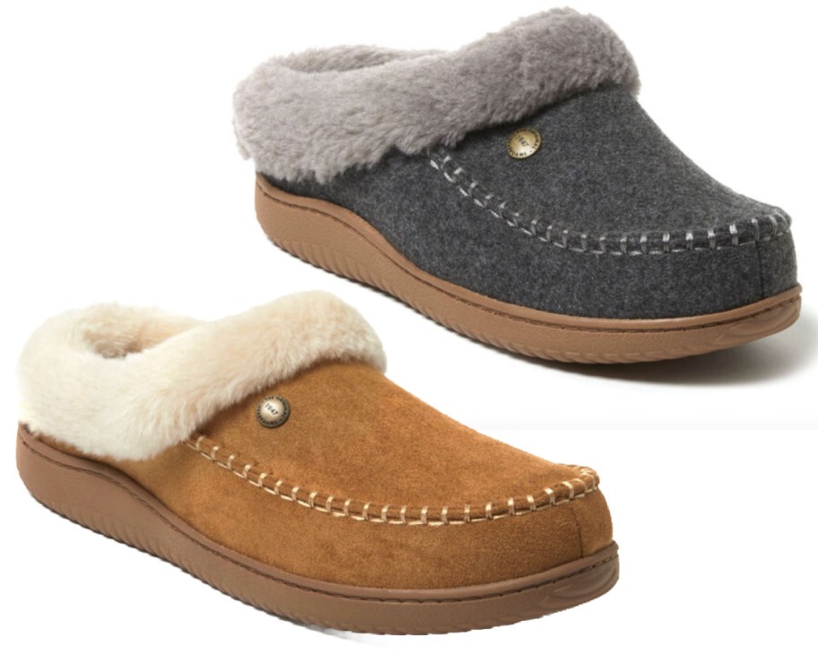 brown and grey clog slippers