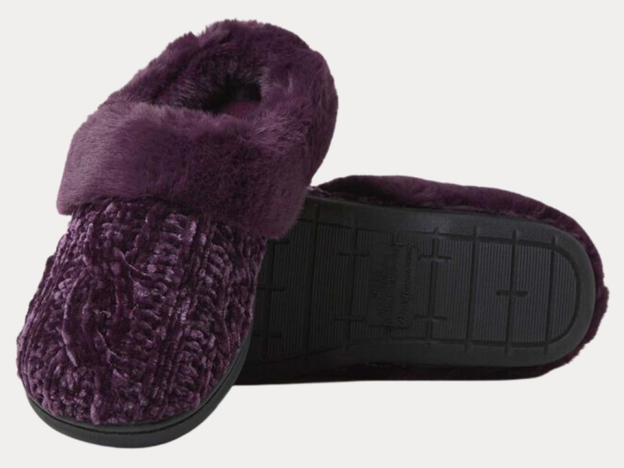 a pair of women's Dearfoams slipper clog style shoes in a dark purple chenille fabric