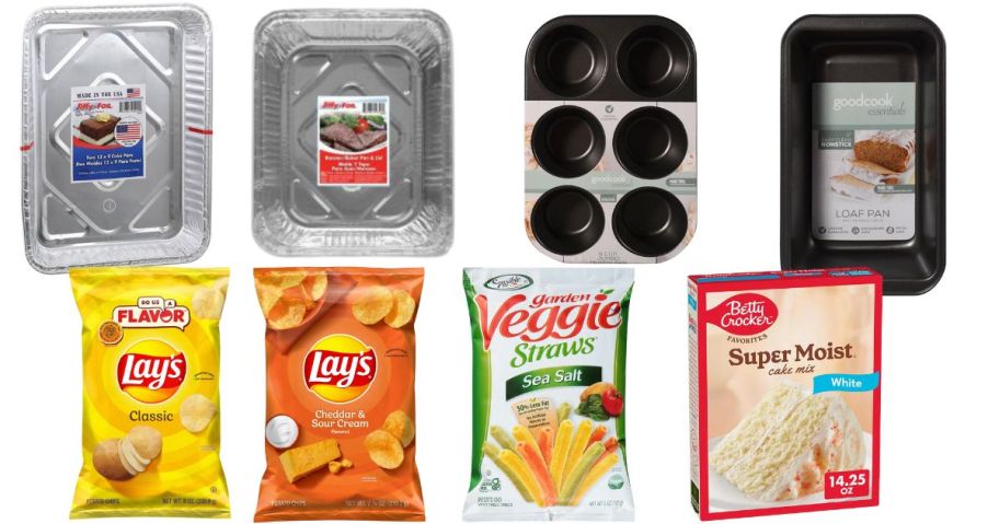 foil pans, bakeware, lays chips, veggie straws, and cake mix