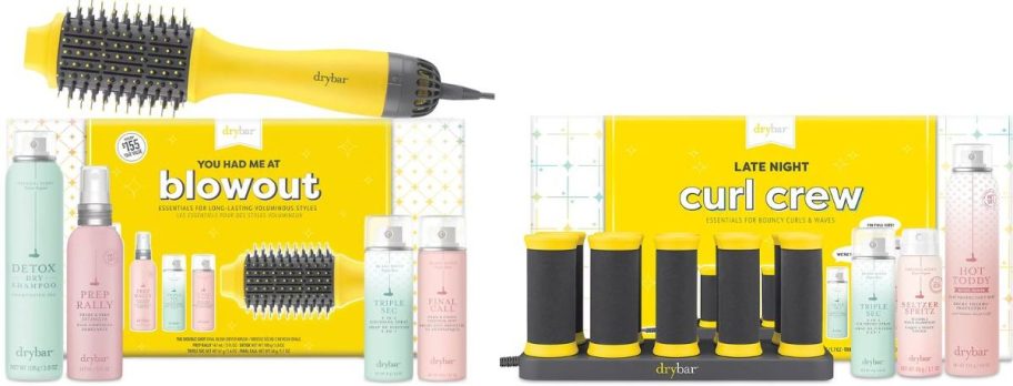 two drybar gift sets with styling tools and products stock images