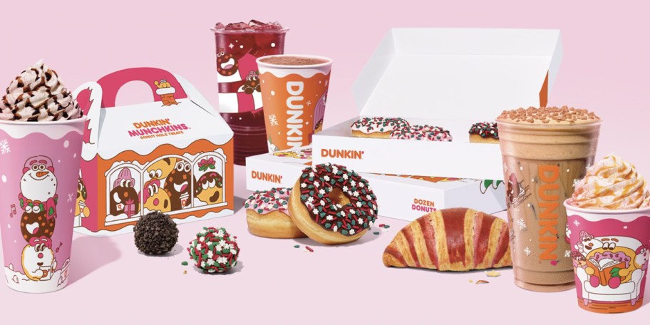 dunkin holiday drinks, donuts, croissants and sandwiches
