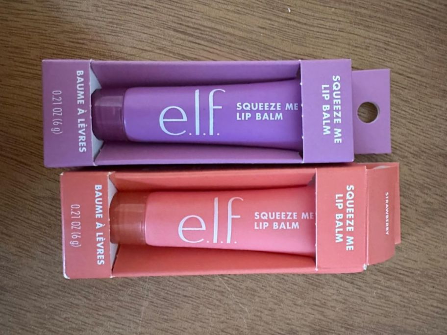 2 e.l.f. Squeeze Me Lip Balm tubes in their boxes