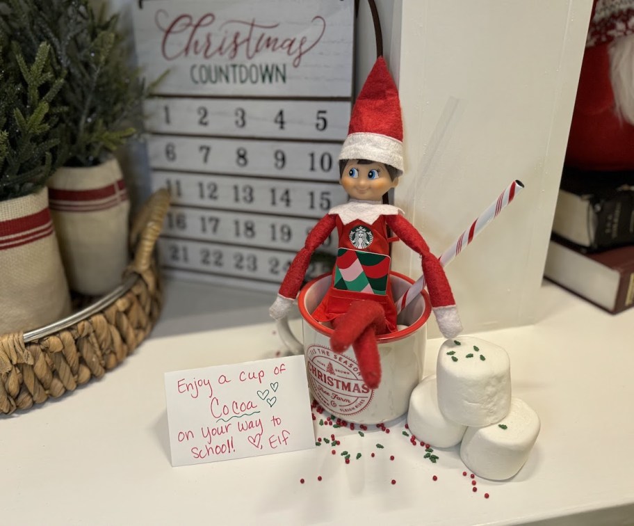 elf on the shelf in hot cocoa mug with marshmallows and sign for free starbucks