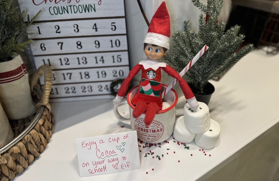 elf on the shelf in hot cocoa mug with marshmallows and sign for free starbucks