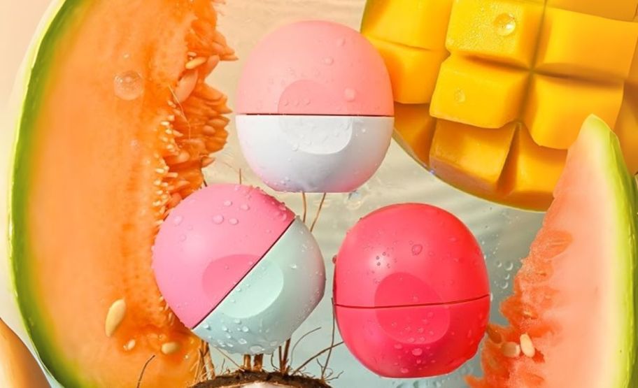 juicy vibes lip balm 3 pack shown with tropical fruit