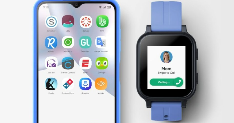 a Gabb kid safe smart phone with the icons showing on the screen, and a Gabb kids safe smart watch with a call from Mom showing on the screen