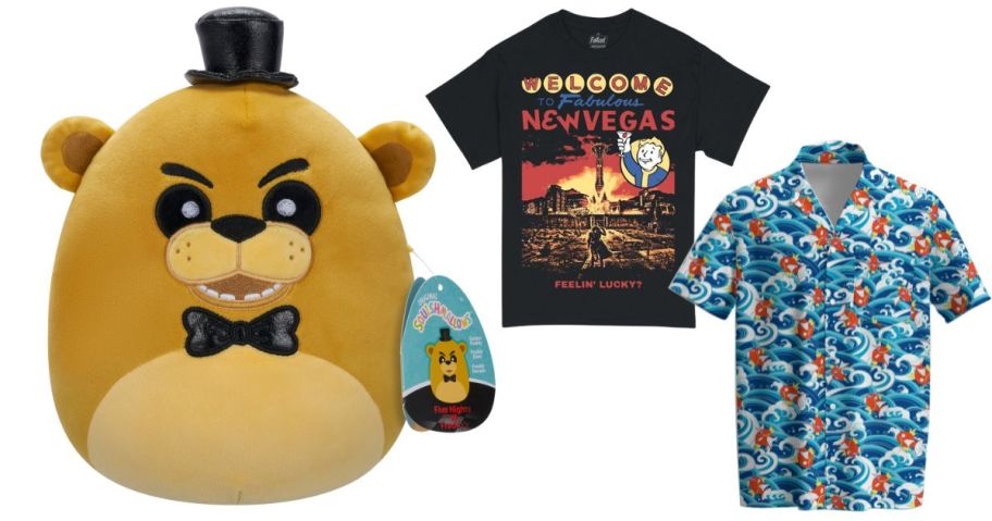 a squishmallow and two shirts