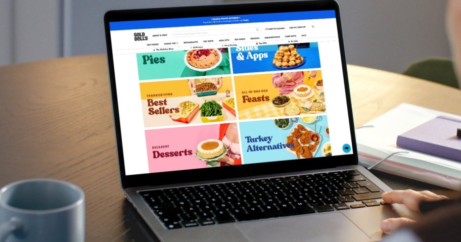 laptop with goldbelly thanksgiving meals on screen