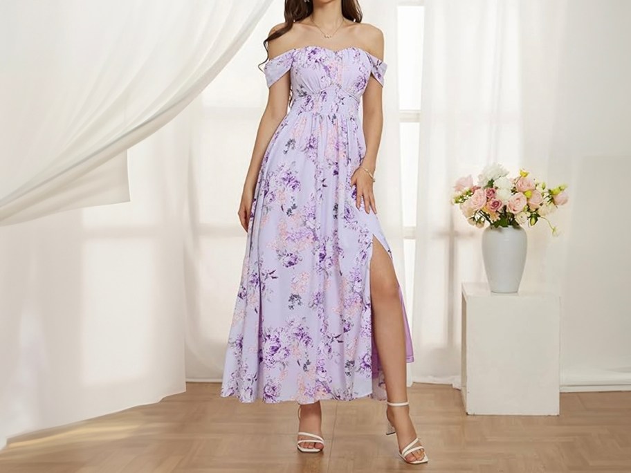 woman wearing purple floral dress