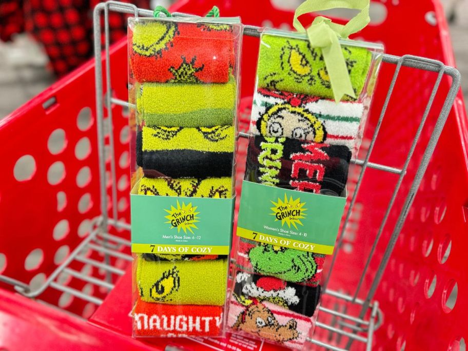 the grinch 7 days of cozy holiday character socks in a target cart