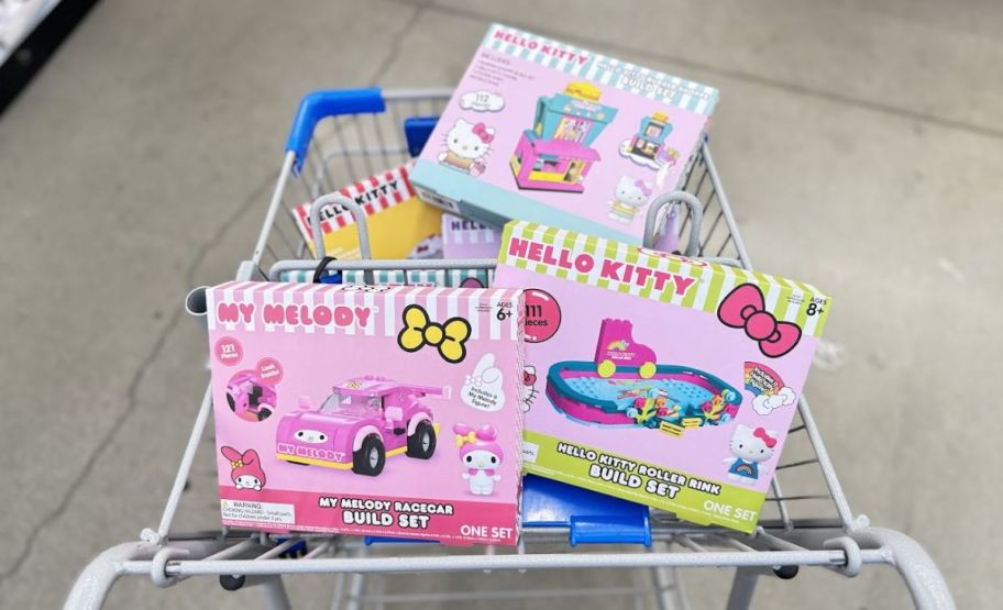 hello kitty build sets in a five below shopping cart