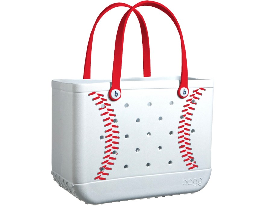 white and red baseball themed bogg bag