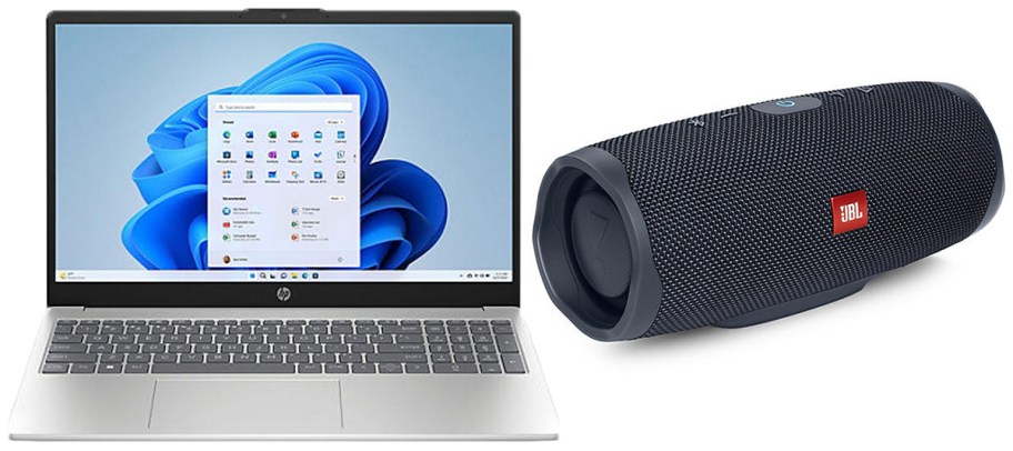 hp laptop and jbl speaker