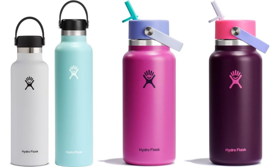 two stanrd mouth and two widemouth straw lid hydroflask water bottles