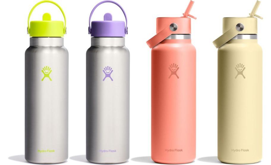 four wide mouth hydro flask bottles with straw lids