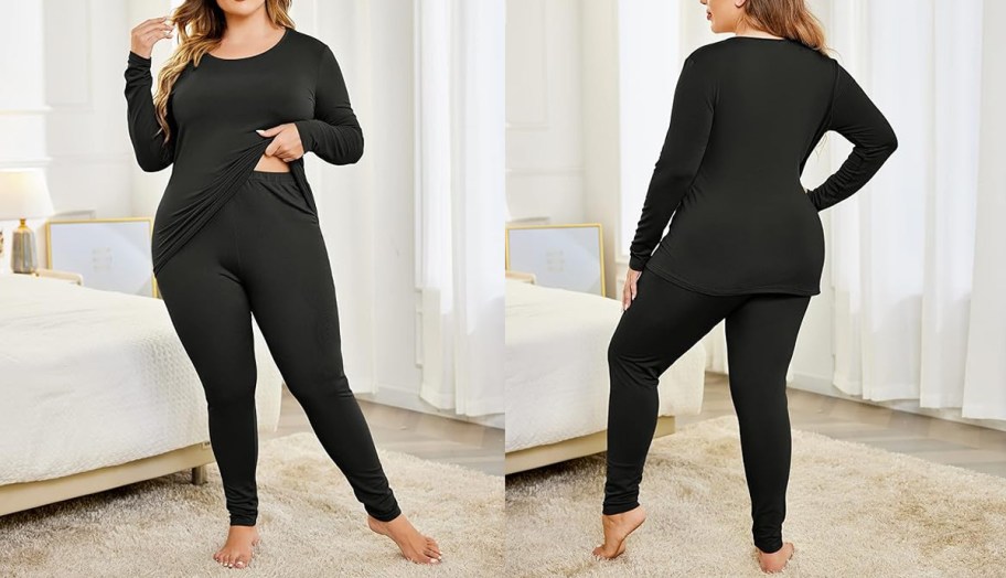 front and back image of woman wearing black lounge set 