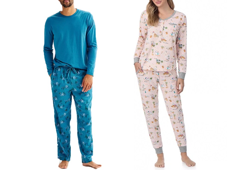 man and woman wearing pajamas 