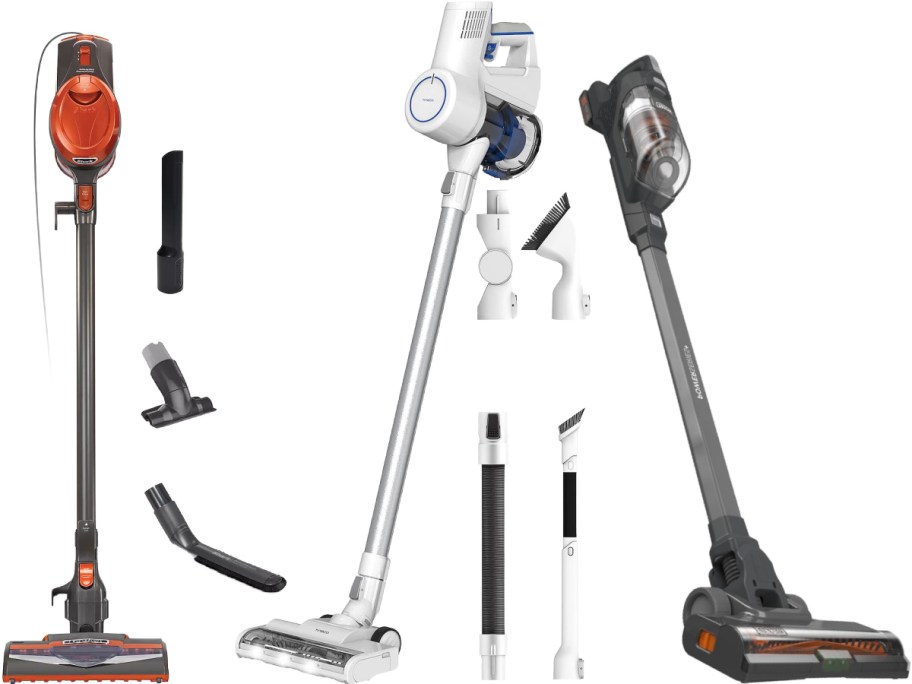 Three stick vacuums side-by-side in red, white, and dark grey, displayed with various interchangeable cleaning attachments.