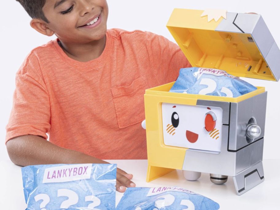 kid looking at LankyBox Giant Cyborg Boxy Mystery Box