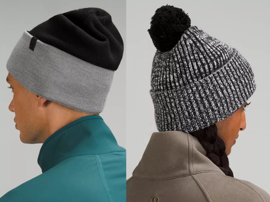 image of the side/back of a man and woman's head both wearing different black and grey lululemon Beanies 