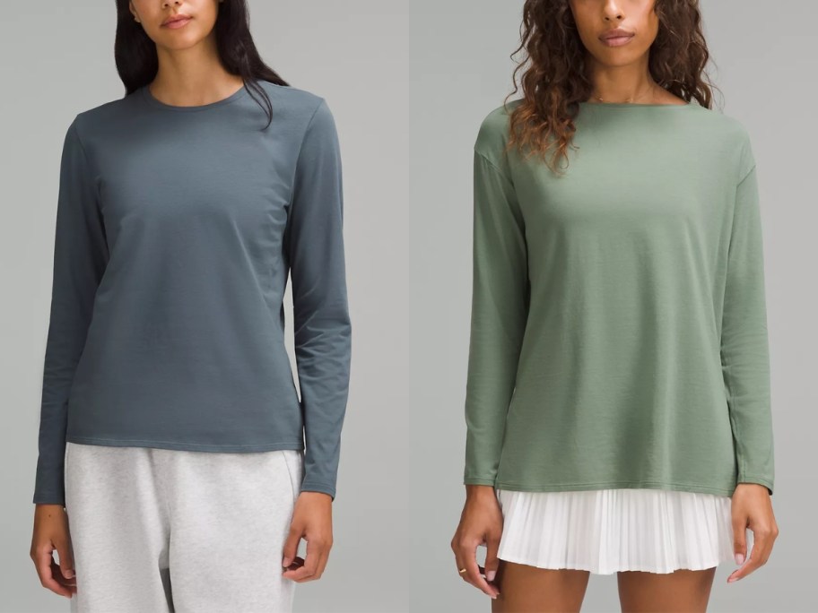 women wearing long sleeve shirts, one in a grey blue and one in light green