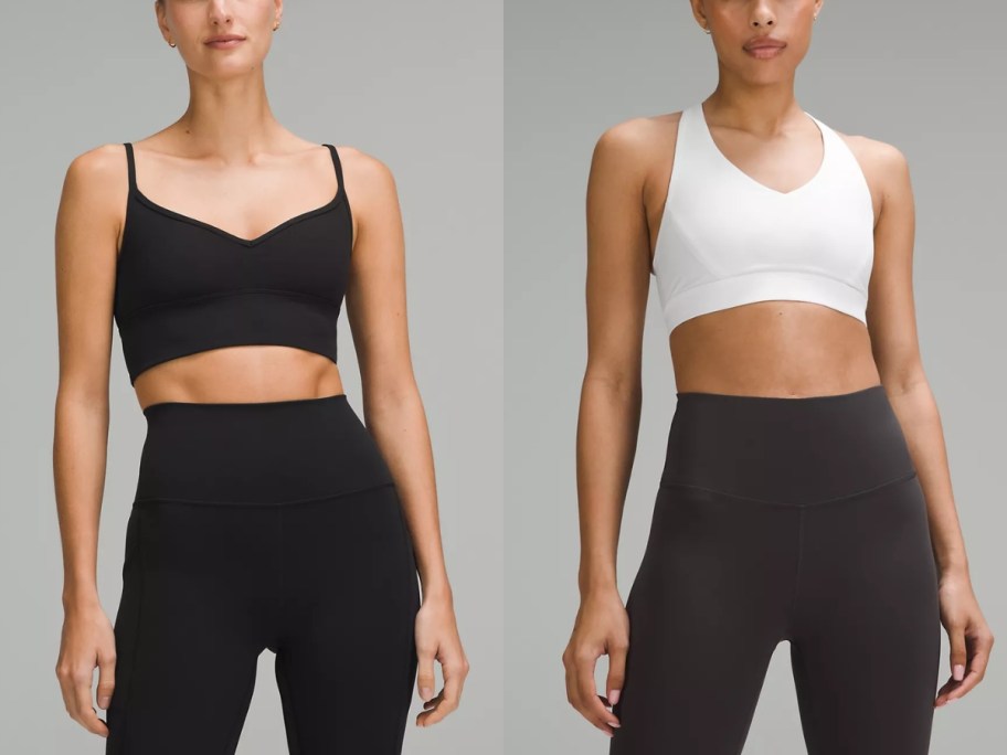 woman wearing a black sports bra and leggings and woman wearing a white sports bra and leggings