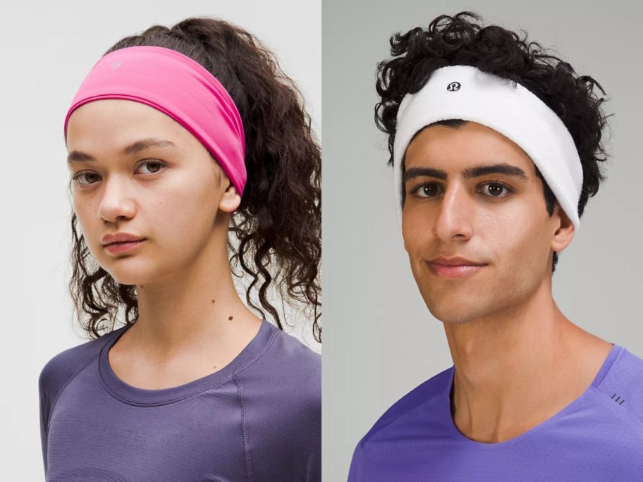 woman wearing a pink wide lululemon headband and man wearing a white lululemon headband