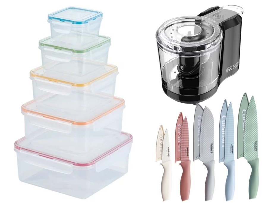 a set of locknlock plastic food storage containers stacked from largest to smallest, a black mini food chopper, and a set of colorful Cuisinart knives