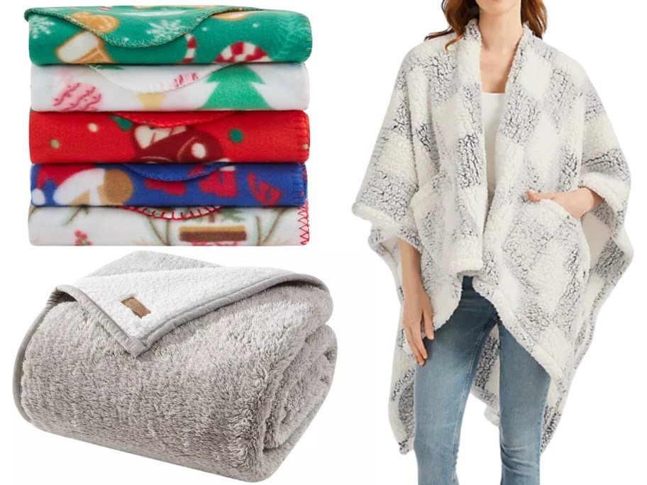 a stack of throw blankets with holiday prints, an UGG throw blanket and a woman wearing a white and grey blanket wrap throw