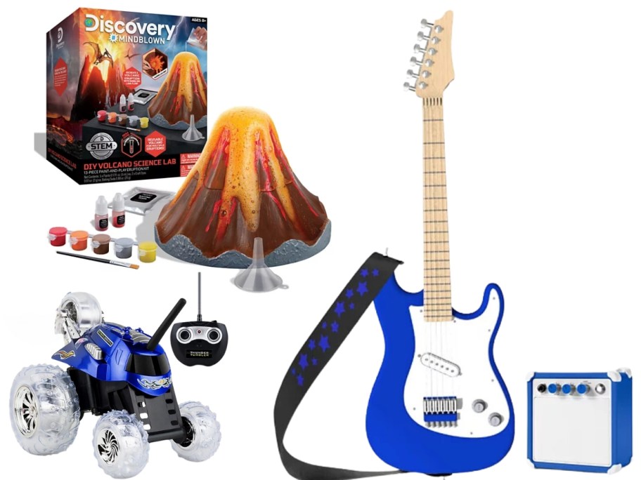 a Discovery Kids activity set with a Volcano, a kids remote control car with remote and a kids blue and white electric guitar with an amp