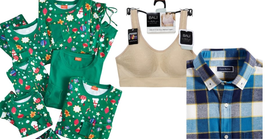 adults and kids matching Christmas pajamas in green with holiday ornaments on them, a women's tan Bali bra, and a men's blue plaid flannel shirt