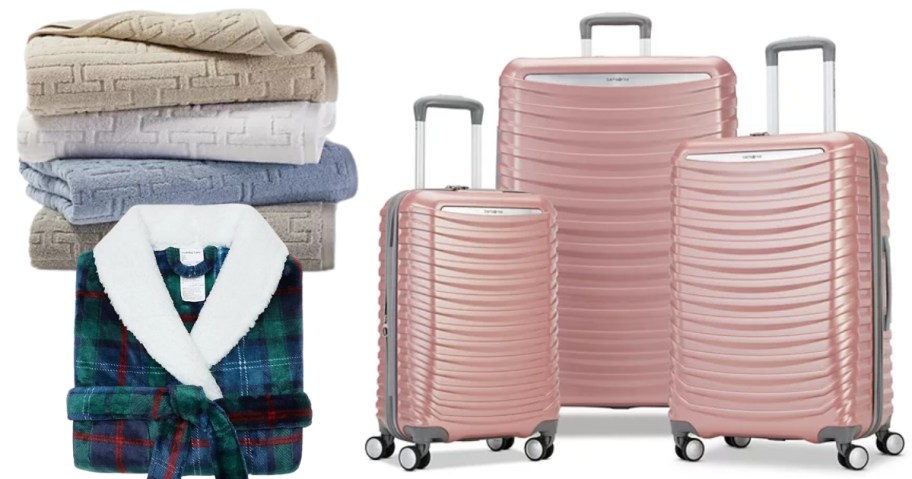 a stack of bath towels and a green plaid plush bath robe next to a set of 3 pink Samsonite hardsided luggage pieces