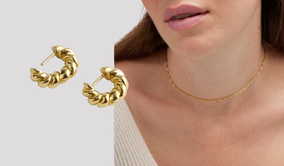 gold earrings and chain necklace