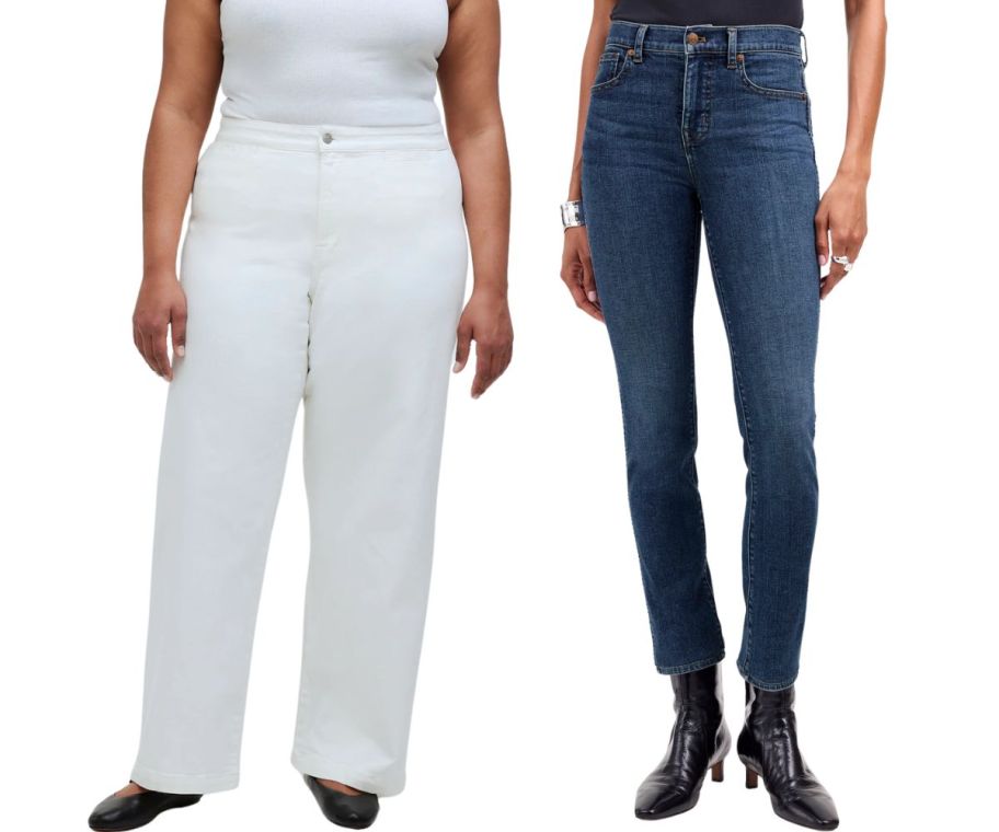 two women in madewell jeans stock images