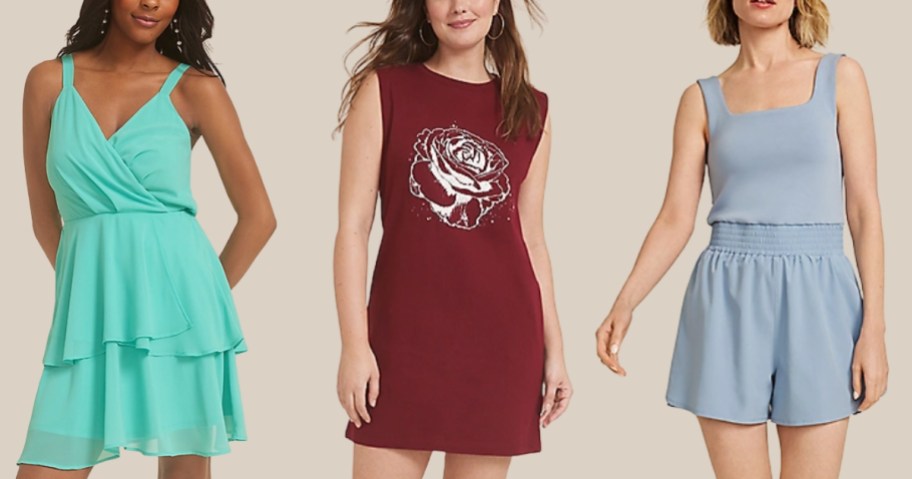 3 women wearing different colors and styles of knee length dresses