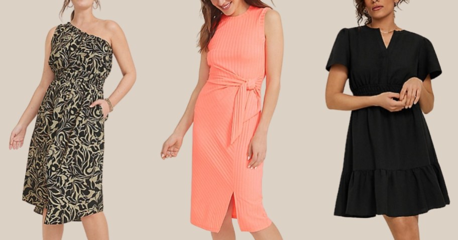 3 women wearing different colors and styles of knee length dresses