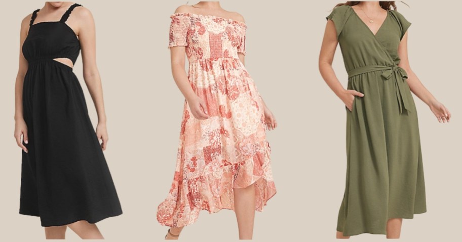 3 women wearing different colors and styles of midi dresses