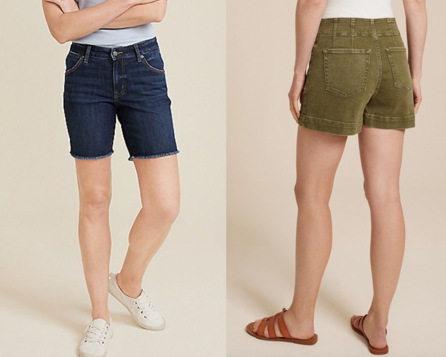 dark denim and olive jean shorts