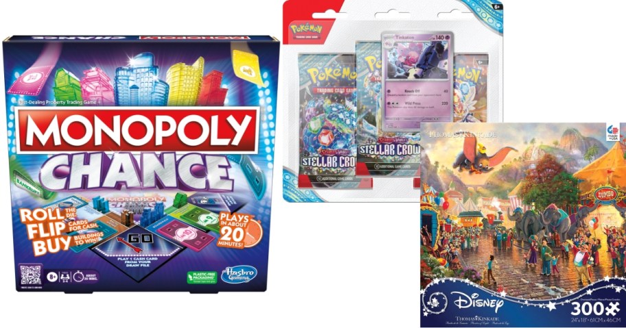 a Monopoly chance board game box, a set of Pokemon trading cards, and a Disney puzzle in the box