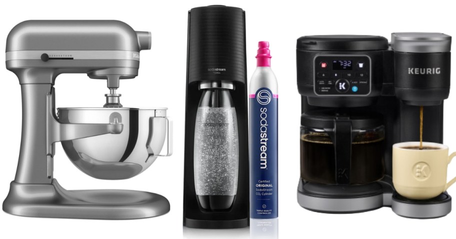 a silver Kitchenaid Stand Mixer, a Sodastream Terra machine and carbonation bottle, and a Keurig K Duo Coffee Machine