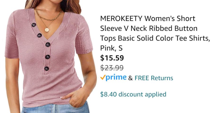 woman wearing pink shirt next to Amazon pricing information