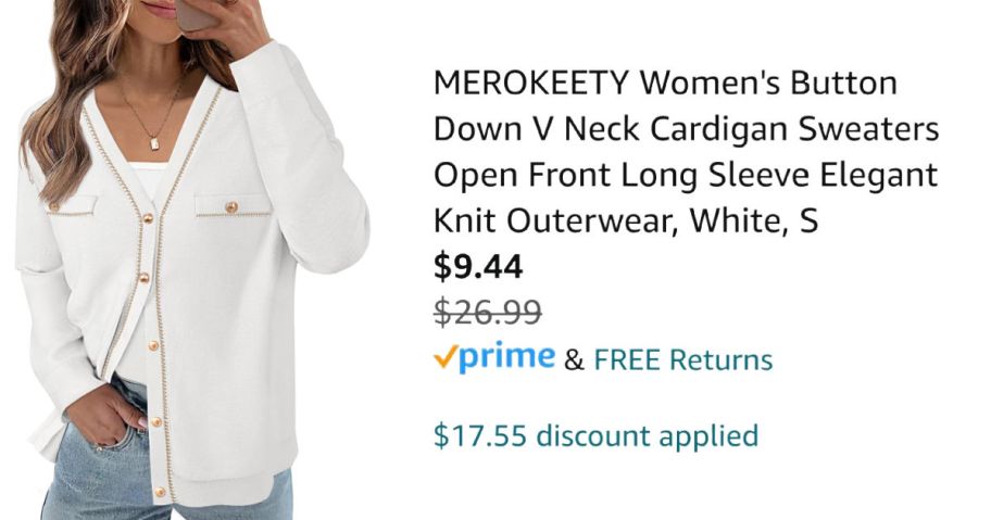 woman wearing white cardigan next to Amazon pricing information