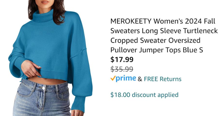 woman wearing blue sweater next to Amazon pricing information