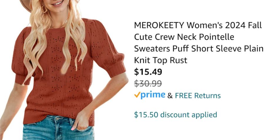 woman wearing rust colored sweater next to Amazon pricing information